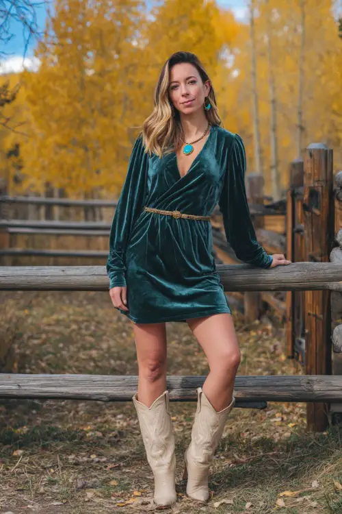 A woman wears a forest green velvet dress with long sleeves and a belted waist, styled with cream cowgirl boots and turquoise jewelry