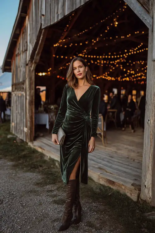 A woman wears a forest green velvet wrap dress with long sleeves and a belted waist, paired with heeled boots and a metallic clutch 