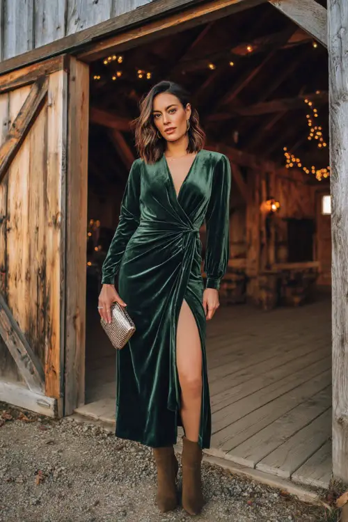 A woman wears a forest green velvet wrap dress with long sleeves and a belted waist, paired with heeled boots and a metallic clutch