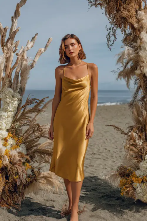 A woman wears a golden satin midi dress with a cowl neckline, styled with flat sandals and minimal jewelry