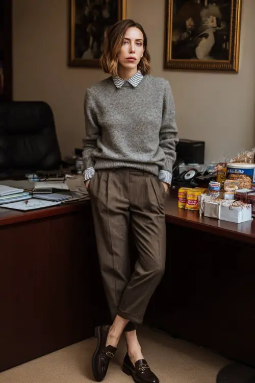 A woman wears a grey knit sweater layered over a collared shirt, brown tailored trousers, and loafers, standing beside her desk with Thanksgiving snacks nearby