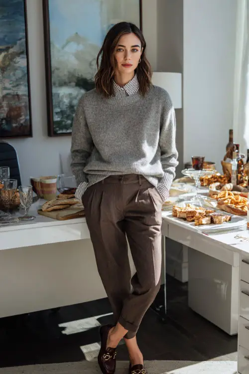 A woman wears a grey knit sweater layered over a collared shirt, brown tailored trousers, and loafers, standing beside her desk with Thanksgiving snacks nearby