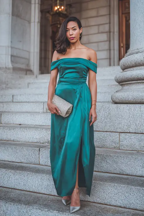 A woman wears a jade green off-the-shoulder gown with a fitted bodice and flowy skirt, accessorized with silver sandals and a matching clutch