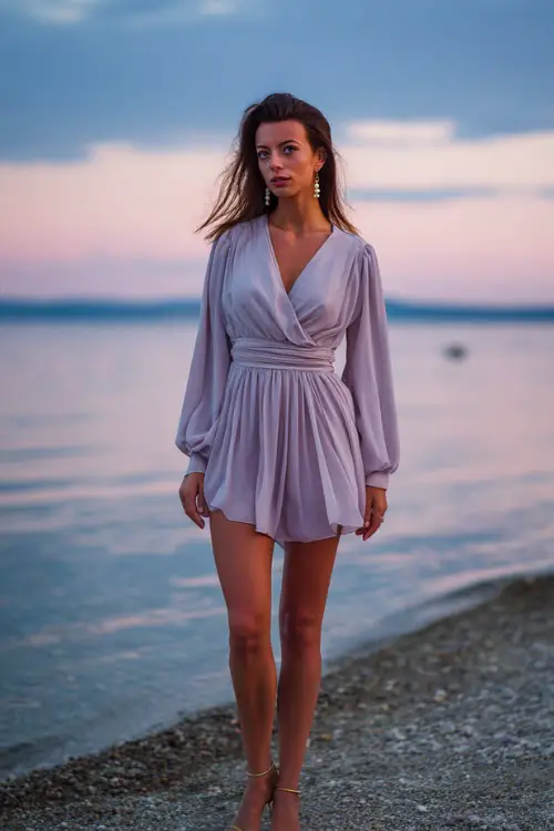 A woman wears a light lavender chiffon dress with long sleeves and a wrap neckline, paired with metallic sandals and pearl earrings, standing barefoot by the shoreline at dusk