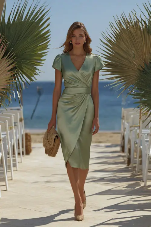 A woman wears a light sage green satin wrap dress with short sleeves, styled with wedge sandals and a straw clutch