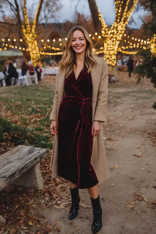 A woman wears a long-sleeve burgundy velvet wrap dress with a belted waist, paired with black heeled boots and a camel wool coat