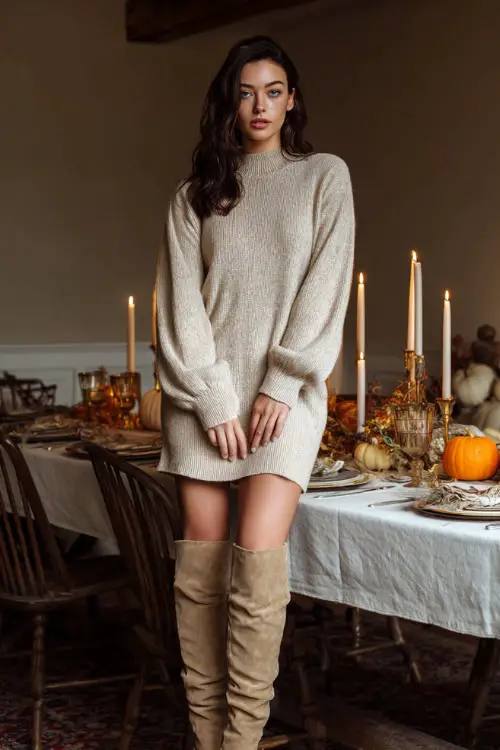 A woman wears a long-sleeve knit sweater dress in beige with knee-high boots, standing near a cozy Thanksgiving dining table with candles and pumpkins