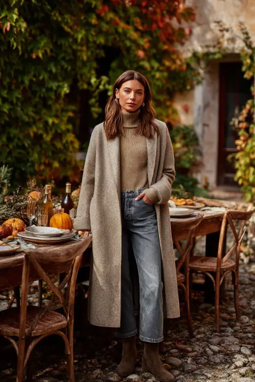 A woman wears a long wool coat over a turtleneck sweater, straight-leg jeans, and ankle boots
