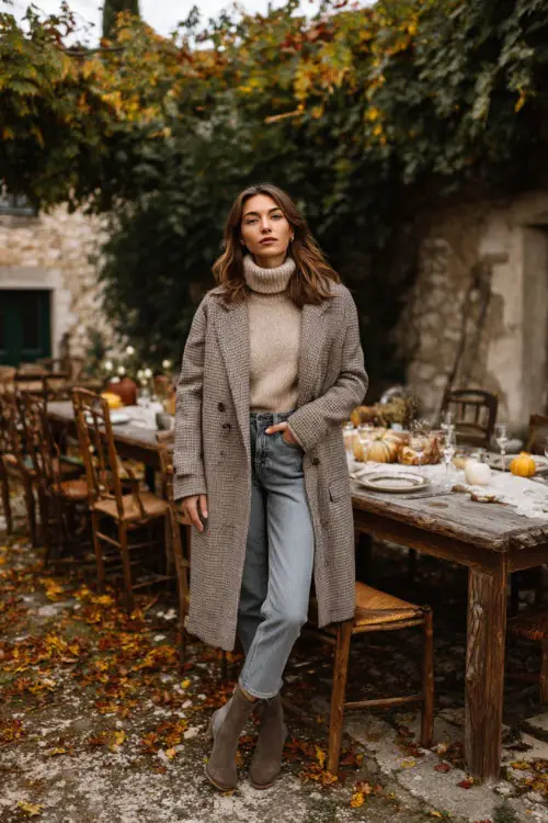 A woman wears a long wool coat over a turtleneck sweater, straight-leg jeans, and ankle boots