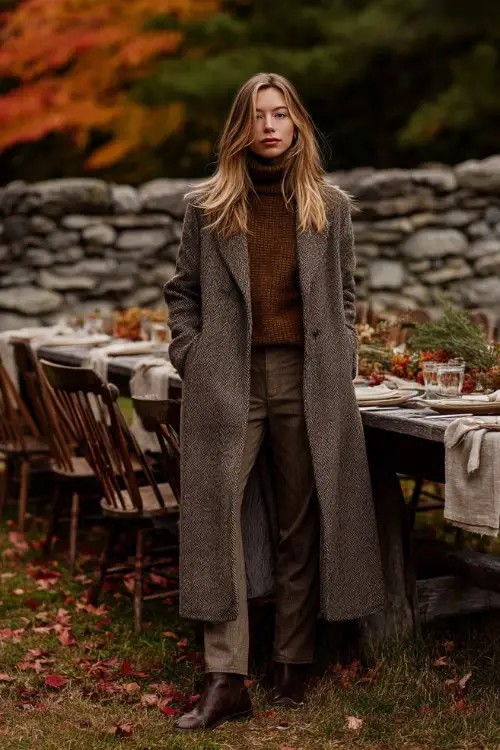 A woman wears a long wool coat over a turtleneck sweater, straight-leg jeans