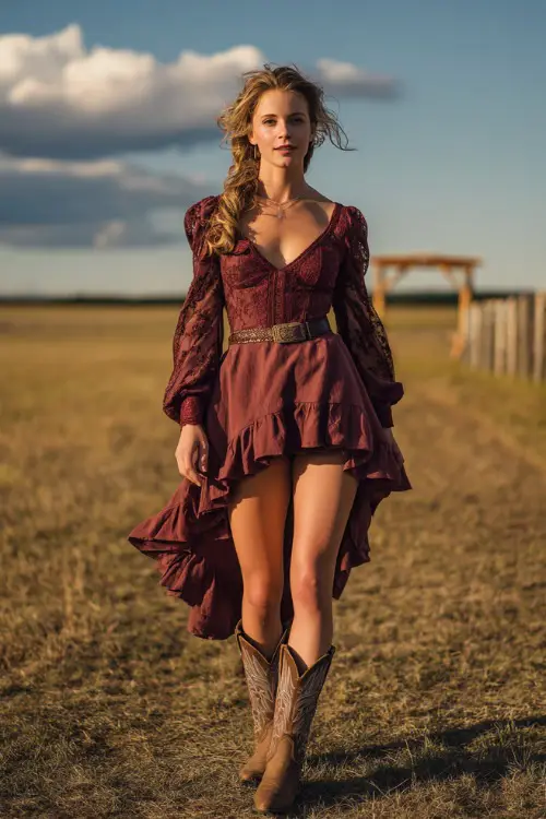 A woman wears a maroon high-low dress with lace sleeves, paired with embroidered cowboy boots and a leather belt 