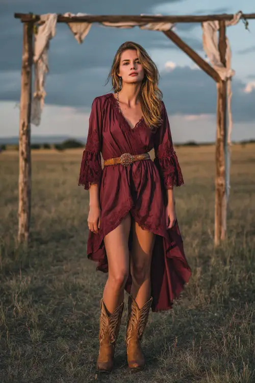 A woman wears a maroon high-low dress with lace sleeves, paired with embroidered cowboy boots and a leather belt 