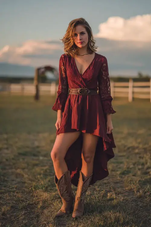 A woman wears a maroon high-low dress with lace sleeves, paired with embroidered cowboy boots and a leather belt