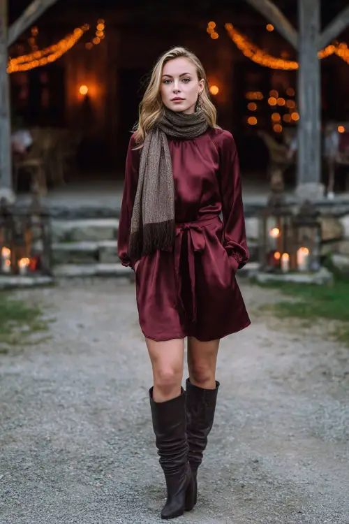 A woman wears a maroon long-sleeve satin dress with a high neckline, paired with knee-high boots and a wool scarf 