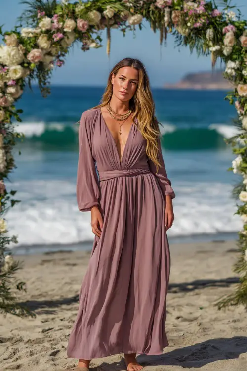 A woman wears a mauve long-sleeve chiffon maxi dress with a cinched waist, paired with flat sandals and delicate gold jewelry