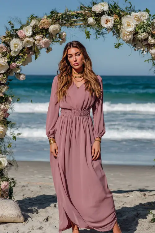 A woman wears a mauve long-sleeve chiffon maxi dress with a cinched waist, paired with flat sandals and delicate gold jewelry,