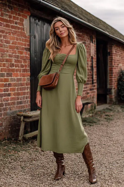 A woman wears a moss green midi dress with puff sleeves and a square neckline, styled with brown boots and a leather crossbody bag, posing at a casual barn wedding in November 