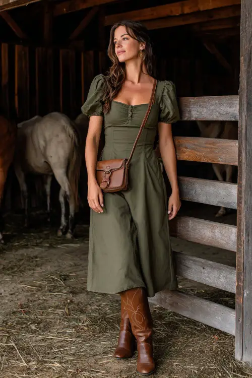 A woman wears a moss green midi dress with puff sleeves and a square neckline, styled with brown boots and a leather crossbody bag