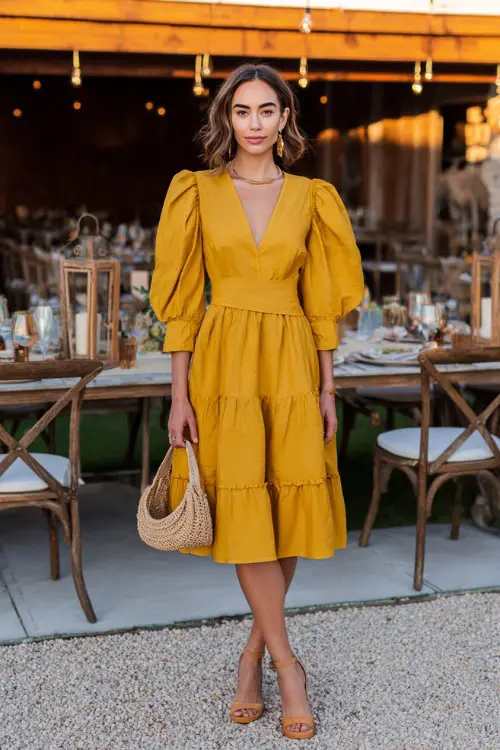 A woman wears a mustard yellow tiered dress with puff sleeves and a defined waist, styled with block heels and a woven handbag