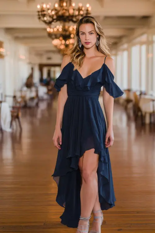 A woman wears a navy blue chiffon high-low dress with flutter sleeves, styled with silver strappy sandals and drop earrings 