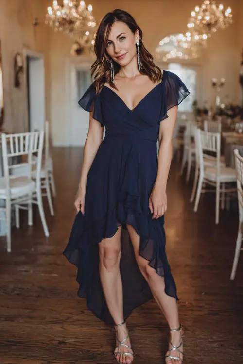 A woman wears a navy blue chiffon high-low dress with flutter sleeves, styled with silver strappy sandals and drop earrings