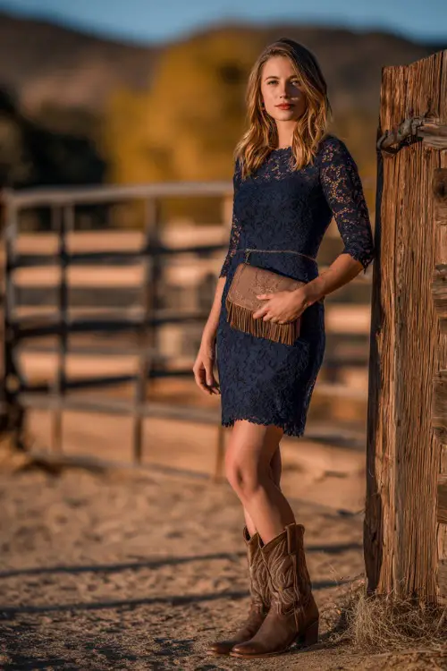 A woman wears a navy blue lace midi dress with three-quarter sleeves, paired with brown cowgirl boots and a fringed clutch