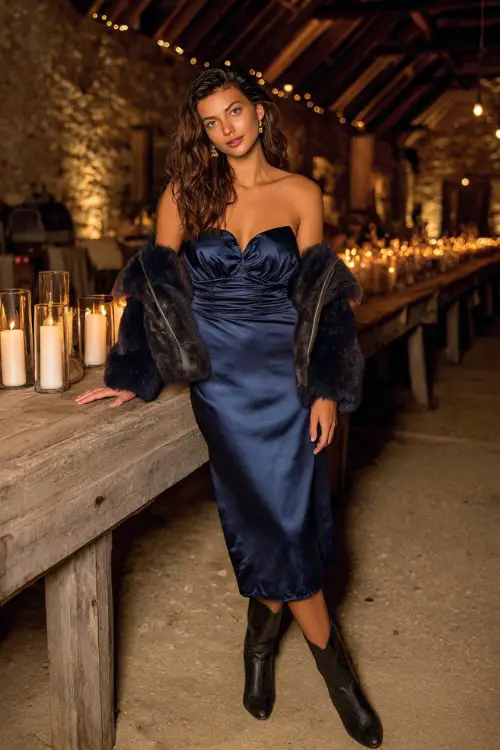 A woman wears a navy blue satin midi dress with puff sleeves, styled with a cropped faux fur jacket and ankle boots, posing at a candlelit wedding reception in a rustic barn
