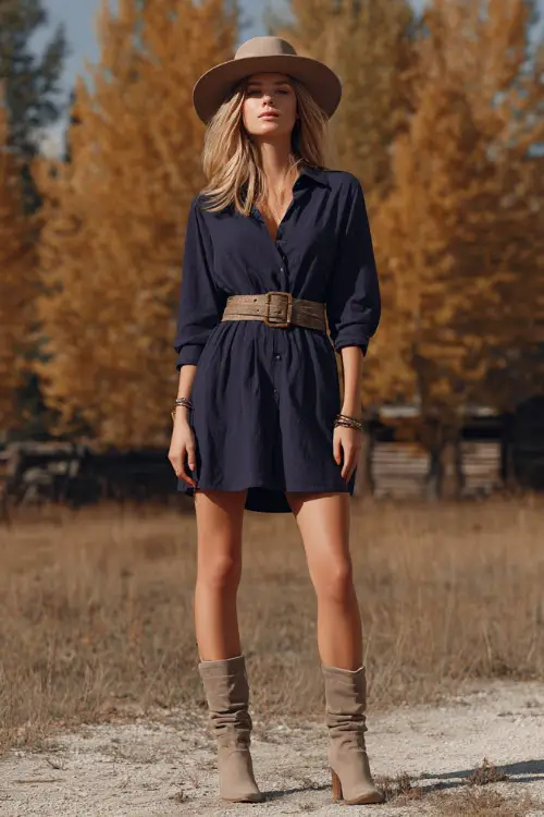 A woman wears a navy blue shirt dress with a fabric belt and long sleeves, paired with ankle boots and a felt hat 
