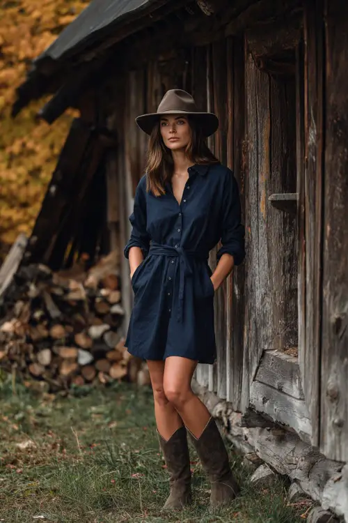 A woman wears a navy blue shirt dress with a fabric belt and long sleeves, paired with ankle boots and a felt hat 