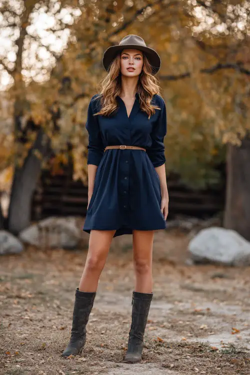 A woman wears a navy blue shirt dress with a fabric belt and long sleeves, paired with ankle boots and a felt hat 