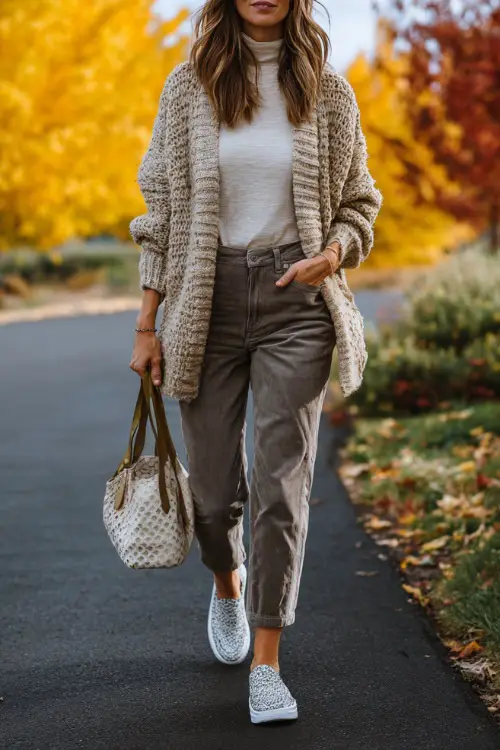 A woman wears a neutral cardigan over a turtleneck and stretchy jeans, paired with slip-on sneakers, walking outdoors under colorful fall trees