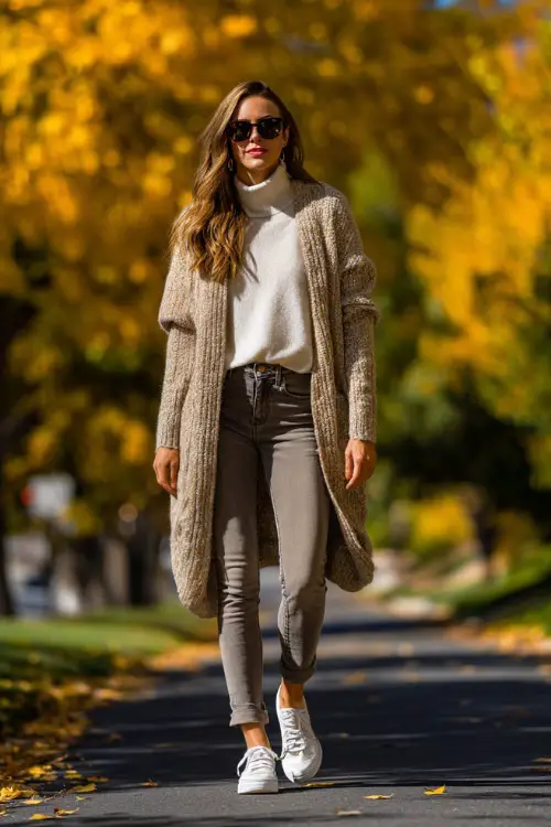 A woman wears a neutral cardigan over a turtleneck and stretchy jeans, paired with slip-on sneakers, walking outdoors under colorful fall trees