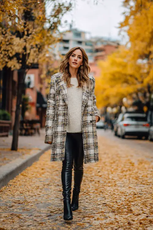 A woman wears a plaid coat over a cream sweater, leather leggings, and heeled boots