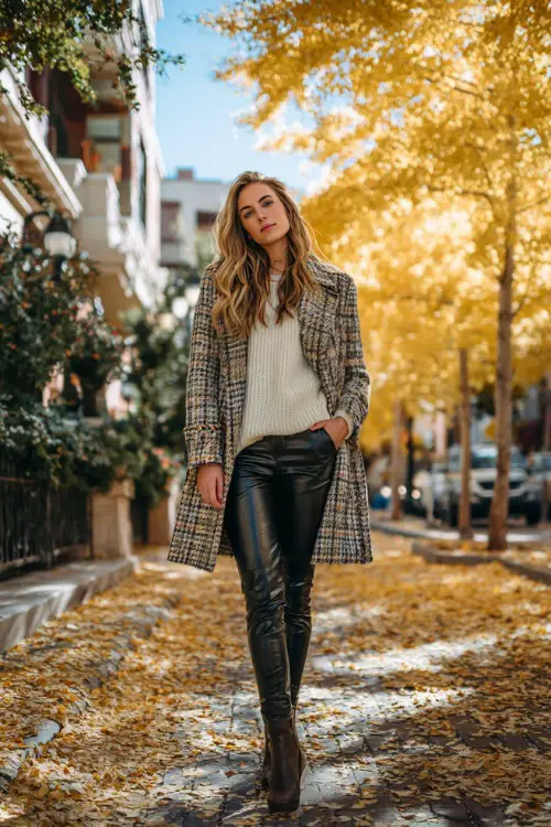 A woman wears a plaid coat over a cream sweater, leather leggings, and heeled boots