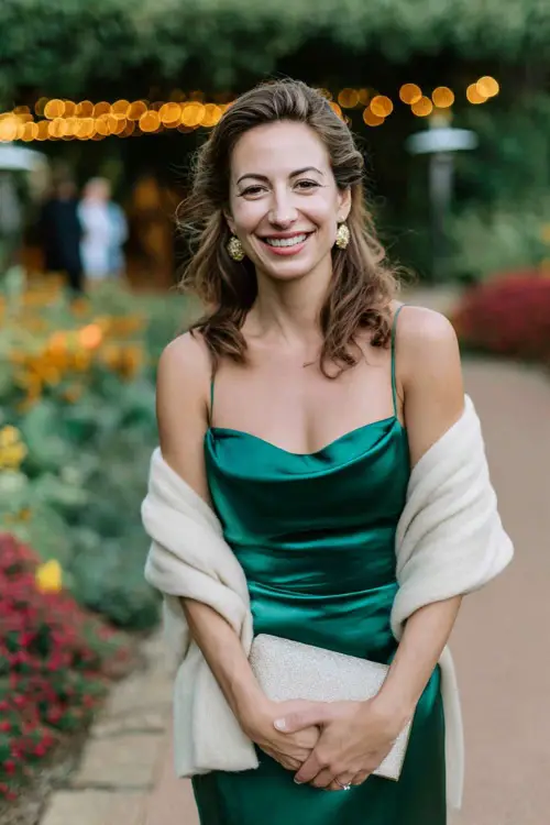 A woman wears a pleated rust-orange midi dress with a chunky knit taupe wrap around her shoulders, standing near a barn with warm string lights and autumn leaves scattered on the ground. She wears
