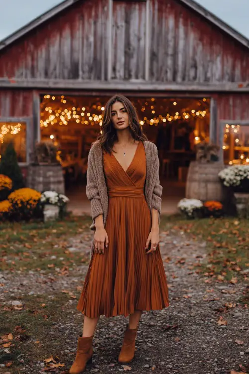 A woman wears a pleated rust-orange midi dress with a chunky knit taupe wrap around her shoulders