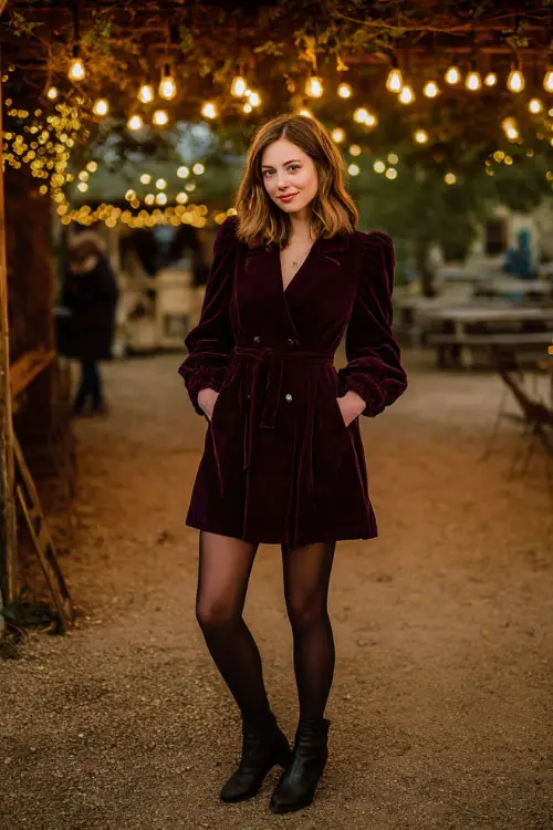 A woman wears a plum velvet A-line dress with bishop sleeves, styled with black tights, ankle boots, and a structured wool coat 