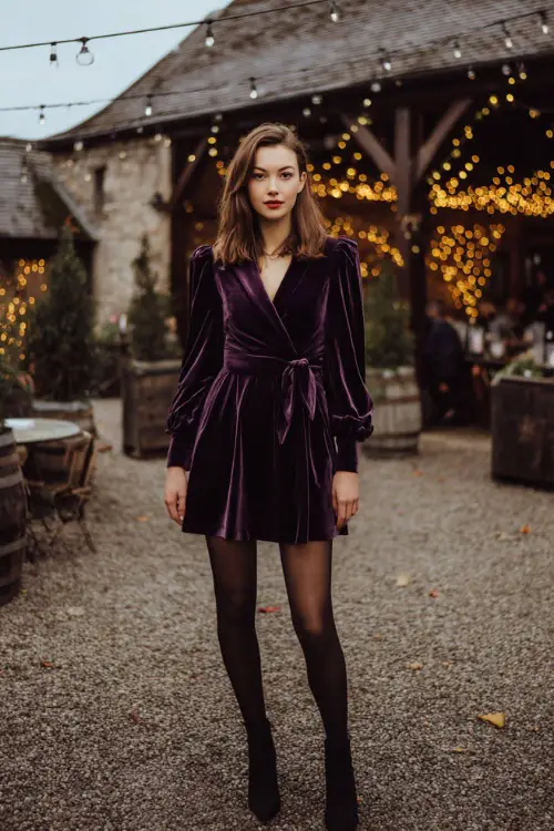 A woman wears a plum velvet A-line dress with bishop sleeves, styled with black tights, ankle boots, and a structured wool coat