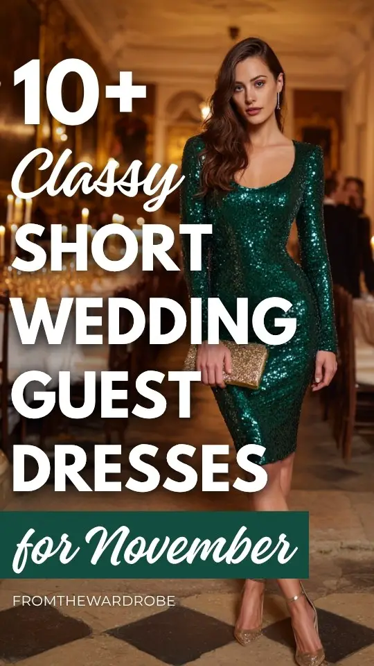 A woman wears a rich emerald green sequined cocktail short fall wedding guest dress with long sleeves for a November wedding