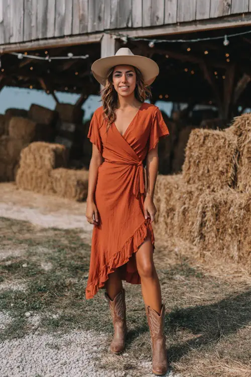 A woman wears a rust-orange midi wrap dress with ruffle hems, paired with brown leather cowboy boots and a wide-brim hat 