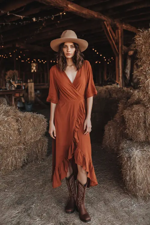 A woman wears a rust-orange midi wrap dress with ruffle hems, paired with brown leather cowboy boots and a wide-brim hat