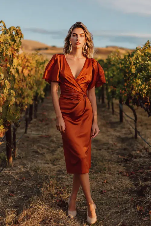 A woman wears a rust-orange satin midi dress with a ruched bodice and flutter sleeves, paired with beige block heels and gold hoops