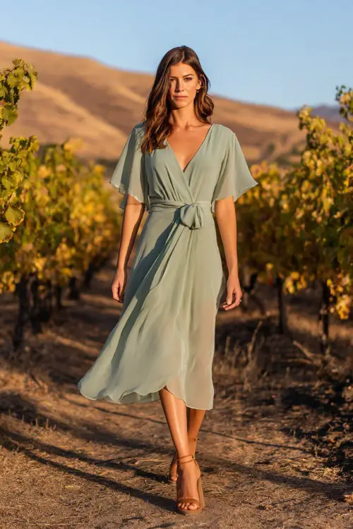 A woman wears a sage green chiffon midi dress with flutter sleeves and a tie waist, paired with tan block heels