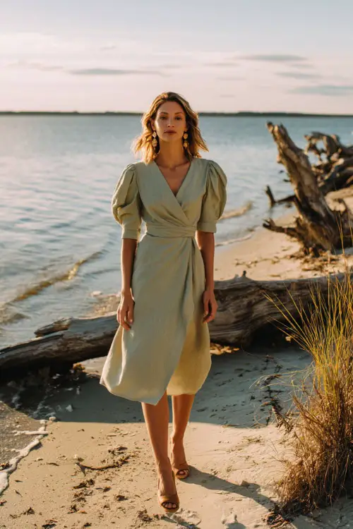 A woman wears a sage green midi dress with puff sleeves and a light beige linen wrap around her arms, walking along a sandy beach with driftwood and sea grass 