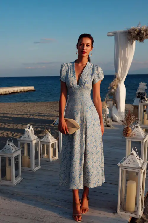 A woman wears a sky-blue floral midi dress with short sleeves, styled with wedge heels and a beach clutch