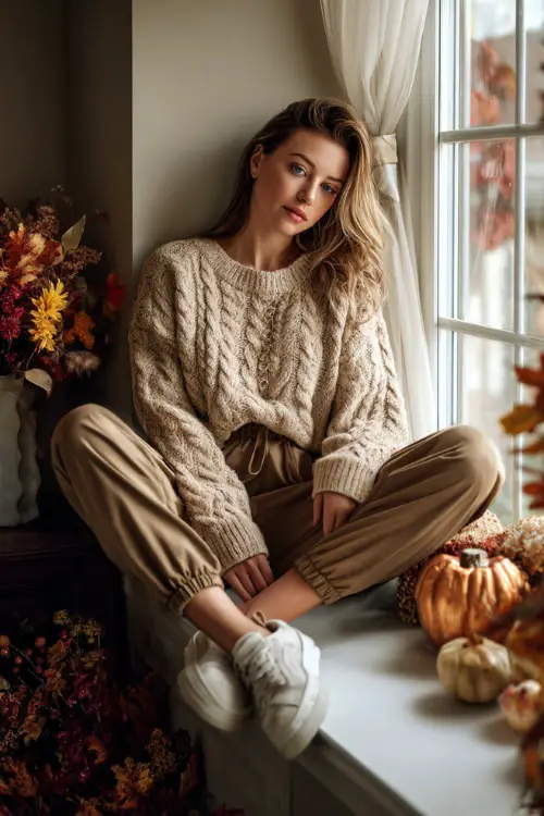 A woman wears a soft cable-knit sweater with jogger pants and slippers, sitting comfortably on a window seat surrounded by autumn decorations