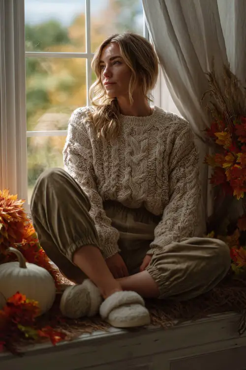 A woman wears a soft cable-knit sweater with jogger pants and slippers, sitting comfortably on a window seat surrounded by autumn decorations