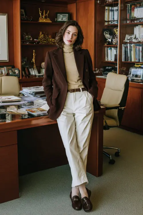 A woman wears a tailored brown blazer over a cream turtleneck, straight trousers, and loafers, standing beside her office desk decorated with subtle Thanksgiving touches