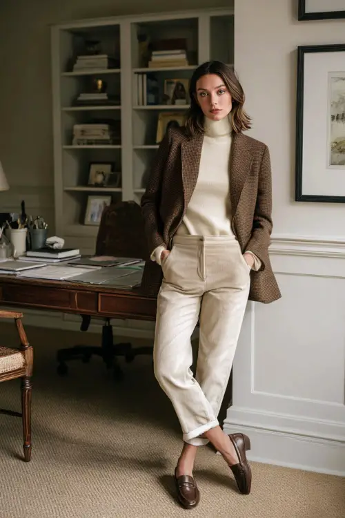 A woman wears a tailored brown blazer over a cream turtleneck, straight trousers, and loafers, standing beside her office desk decorated with subtle Thanksgiving touches