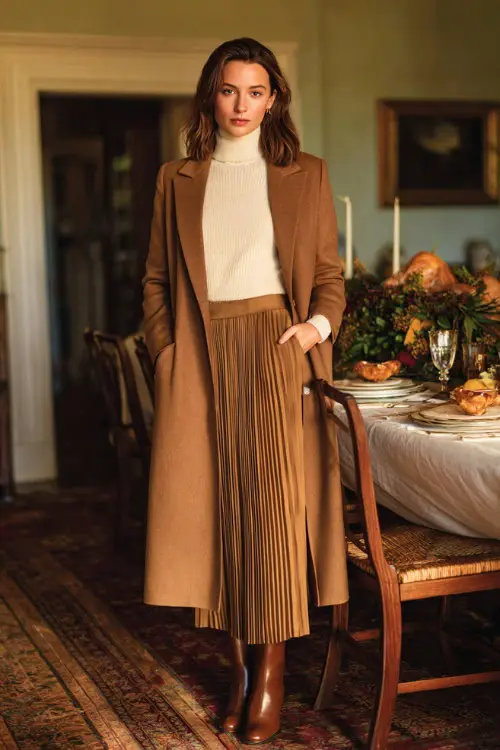 A woman wears a tailored camel coat over a cream turtleneck sweater, pleated midi skirt, and ankle boots, standing beside a beautifully set Thanksgiving dining table indoors